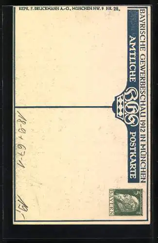 AK München, Bayrische Gewerbeschau 1912, Gruppe Kraft von Fritz Behn, Ganzsache Bayern 5 Pfennig