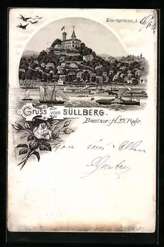 Vorläufer-Lithographie Hamburg-Blankenese, 1892, Restaurant auf dem Süllberg von H. D. Rohr, Dampfer auf der Elbe