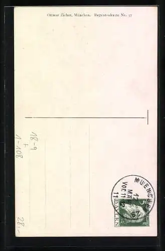 Künstler-AK 90. Geburtstag des Prinzregenten Luitpold von Bayern 12. März 1911, Ganzsache Bayern 5 Pfennig