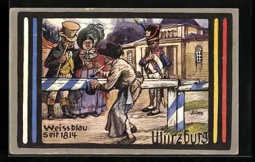 Künstler-AK Würzburg, 100 jährige Zugehörigkeit zum Königreich Bayern 1914, Ganzsache Bayern 5 Pfennig