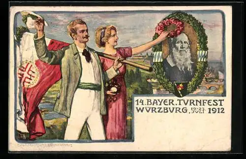 Künstler-AK Würzburg, 14. Bayer. Turnfest 1912, Sportlerpaar mit Flagge, Turnvater Jahn, Ganzsache Bayern 5 Pfennig