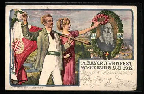 Künstler-AK Würzburg, 14. Bayer. Turnfest 1912, Sportlerpaar mit Flagge, Turnvater Jahn, Ganzsache Bayern 5 Pfennig