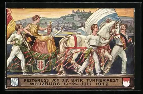 Künstler-AK Ganzsache Bayern PP27C64 /01: Würzburg, XIV. Bayr. Turnfest 1912, Festzug