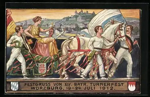 Künstler-AK Ganzsache Bayern PP27C64 /01: Würzburg, XIV. Bayr. Turnfest 1912, Festzug