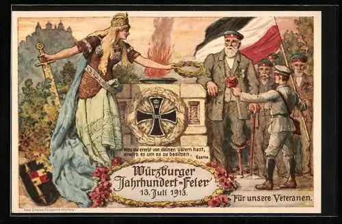 Künstler-AK Würzburg, Jahrhundert-Feier 13.07.1913, für unsere Veteranen, Ganzsache Bayern 5 Pfennig