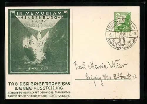 AK In Memoriam Hindenburg LZ 129 Zeppelin, 6. Mai 1937, Tag der Briefmarke 1938, Ganzsache 5 Pfennig