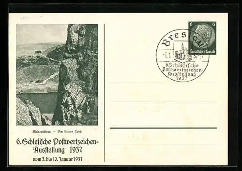 AK Breslau, 6. Schlesische Postwertzeichen-Ausstellung 1937, Am kleinen Teich, Ganzsache 6 Pfennig