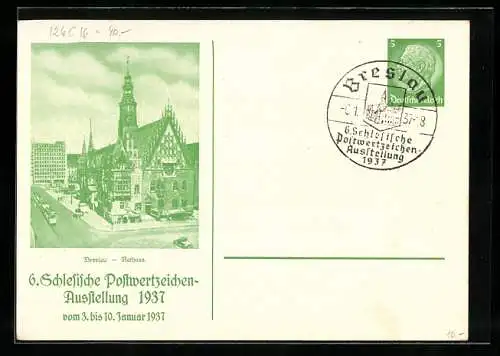 AK Breslau, 6. Schlesische Postwertzeichen-Ausstellung 1937, Rathaus, Ganzsache 5 Pfennig