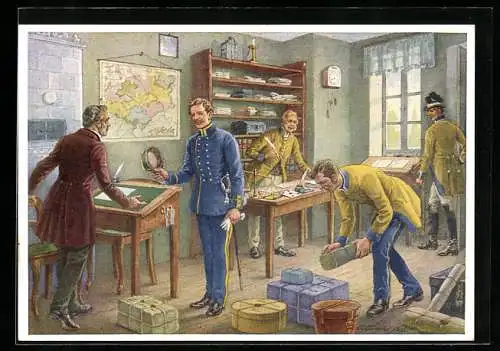 Künstler-AK Poststube mit Postbeamten 1852, Ganzsache 6 Pfennig