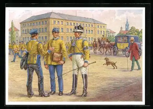 Künstler-AK Dresden, Sächs. Briefträger und Postillione vor dem Hofpostamt, Ganzsache 5 Pfennig