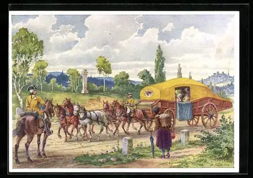 Künstler-AK Postkutsche Gelbe Kutsche zwischen Dresden und Leipzig um 1770, Ganzsache 3 Pfennig