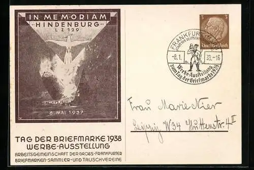 AK Tag der Briefmarke 1938, In Memorian Hindenburg LZ 129 Zeppelin 6. Mai 1937, Ganzsache 3 Pfennig