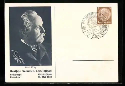 AK Radebeul, Deutsche Sammler-Gemeinschaft Werbeschau 1938, Karl May, Ganzsache 3 Pfennig