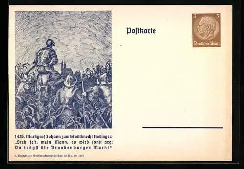 Künstler-AK Prenzlau, 1. Briefmarkenwerbeschau 1937, Markgraf Johann spricht zum Stadtknecht, Ganzsache 3 Pfennig