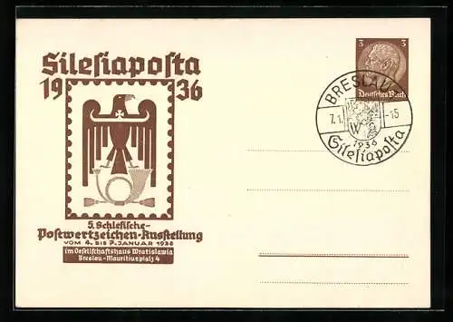 AK Breslau, Silesiaposta 1936, Briefmarke, Ganzsache 3 Pfennig