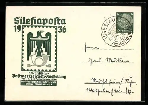 AK Breslau, Postwertzeichen-Ausstellung Silesiaposta 1936, Ganzsache 6 Pfennig