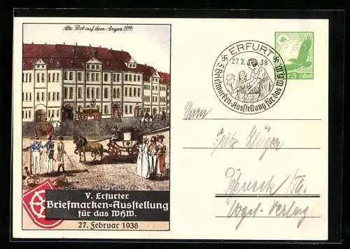 Künstler-AK Erfurt, V. Erfurter Briefmarken-Ausstellung für das WHW 1938, Alte Post auf dem Anger 1814, Ganzsache