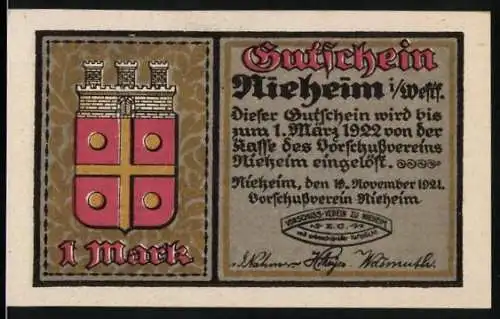 Notgeld Nieheim 1921, 1 Mark, Gutschein des Verschönerungsvereins mit Wappen und altem Patrizierhaus am Richterplatz