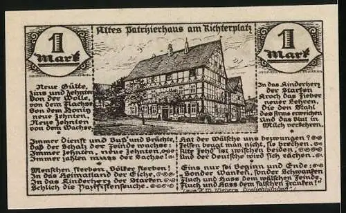 Notgeld Nieheim 1921, 1 Mark, Gutschein des Verschönerungsvereins mit Wappen und altem Patrizierhaus am Richterplatz