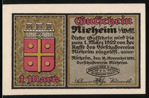 Notgeld Nieheim 1921, 1 Mark, Gutschein des Vorschussvereins mit Patricierhaus am Richterplatz