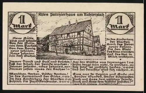 Notgeld Nieheim 1921, 1 Mark, Gutschein des Vorschussvereins mit Patricierhaus am Richterplatz