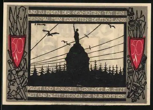 Notgeld Detmold 1920, 50 Pf, Silhouette Hermann-Denkmal mit Vögeln und Stadtwappen mit Burg