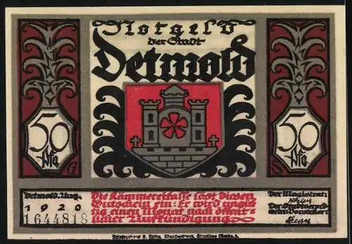 Notgeld Detmold 1920, 50 Pf, Silhouette Hermann-Denkmal mit Vögeln und Stadtwappen mit Burg