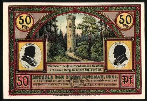 Notgeld Ilmenau, 1921, 50 Pfennig, Turm auf dem Kickelhahn und Goethehaus, beidseitig farbig bedruckt, mit Zitaten