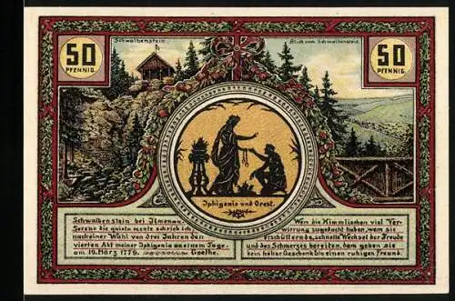 Notgeld Ilmenau 1921, 50 Pfennig, Iphigenie und Orest, Turm auf dem Kickelhahn, Goethe-Porträts