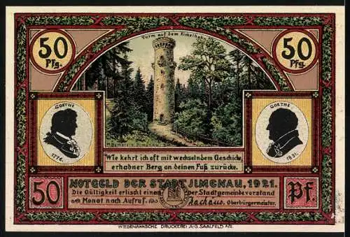 Notgeld Ilmenau 1921, 50 Pfennig, Iphigenie und Orest, Turm auf dem Kickelhahn, Goethe-Porträts