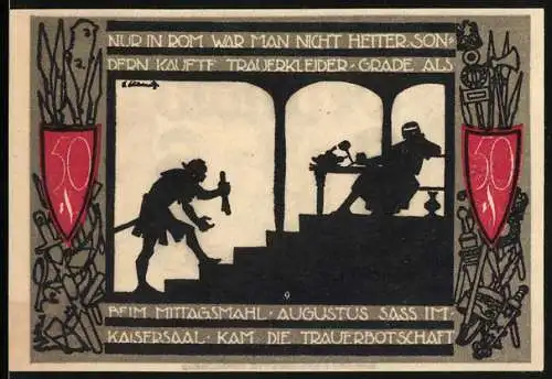 Notgeld Detmold, 1920, 50 Pfennig, Silhouette Augustus und Wappen der Stadt