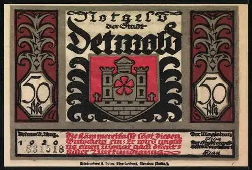 Notgeld Detmold, 1920, 50 Pfennig, Silhouette Augustus und Wappen der Stadt