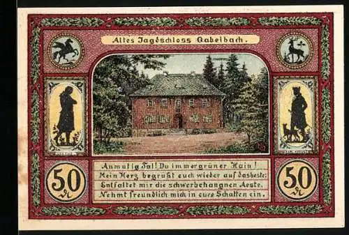 Notgeld Ilmenau 1921, 50 Pfennig, Altes Jagdschloss Rabelbach und Turm auf dem Kienberghang, Gültigkeitserklärung