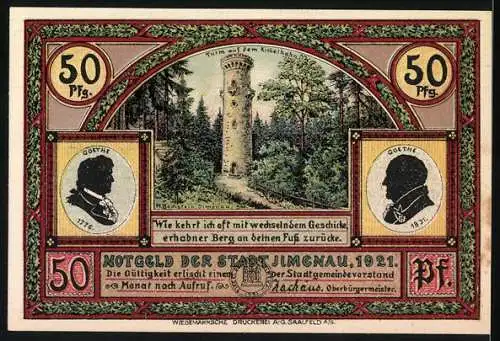 Notgeld Ilmenau 1921, 50 Pfennig, Altes Jagdschloss Rabelbach und Turm auf dem Kienberghang, Gültigkeitserklärung