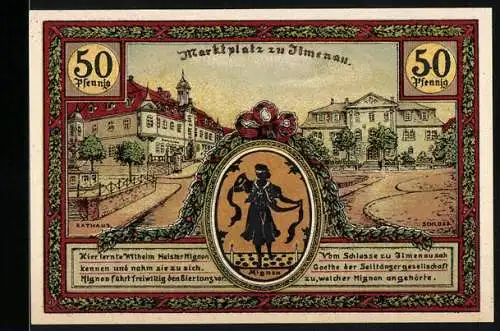 Notgeld Ilmenau, 1921, 50 Pfennig, Marktplatz und Goetheturm, historische Gebäude und Goethe Portraits