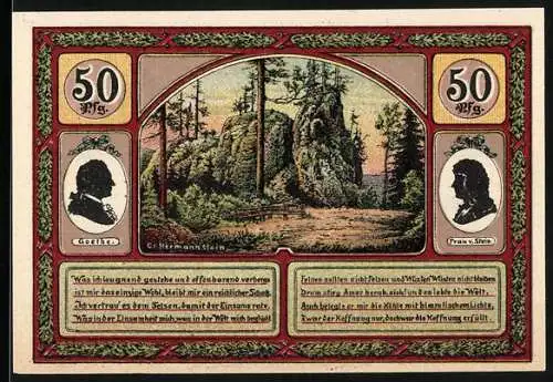 Notgeld Ilmenau 1921, 50 Pfennig, Goethe und Hermannstein Illustrationen, Stadtgemeindeausgabe