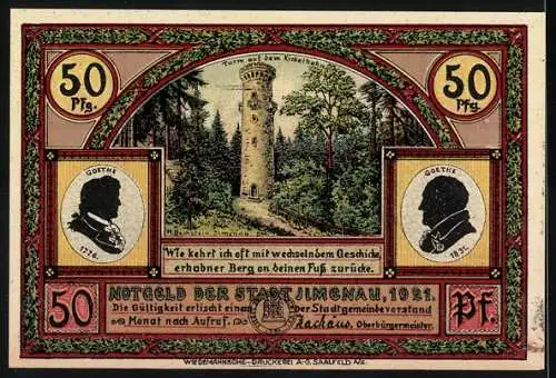 Notgeld Ilmenau 1921, 50 Pfennig, Goethe und Hermannstein Illustrationen, Stadtgemeindeausgabe