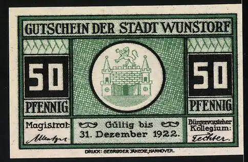 Notgeld Wunstorf, 1922, 50 Pfennig, Stiftskirche und Wappen der Stadt Wunstorf