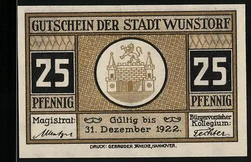 Notgeld Wunstorf, 1922, 25 Pfennig, Stadtwappen und Langstrasse mit Stadtkirche