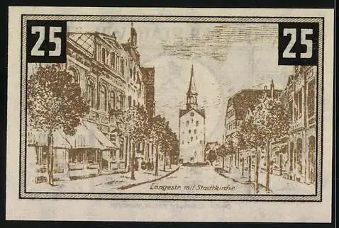 Notgeld Wunstorf, 1922, 25 Pfennig, Stadtwappen und Langstrasse mit Stadtkirche