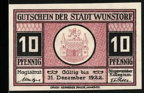 Notgeld Wunstorf, 1922, 10 Pfennig, Gutschein der Stadt Wunstorf gültig bis 31. Dezember 1922, Gebäudeabbildung