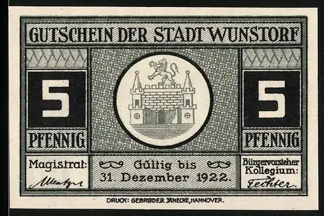 Notgeld Wunstorf, 1922, 5 Pfennig, Gutschein der Stadt Wunstorf, Abbildung eines historischen Gebäudes