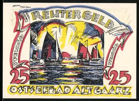 Notgeld Ostseebad Alt Gaarz, 1922, 25 Pfennig, Segelschiffe vor Sonnenuntergang und Badegast in Hängematte