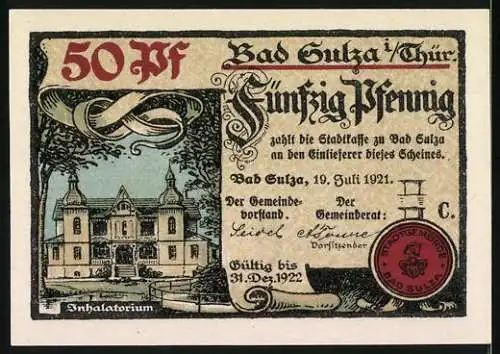 Notgeld Bad Sulza, 1921, 50 Pf, Trinkhalle und Inhalatorium, Kurort Thüringen, gültig bis 31. Dez. 1922