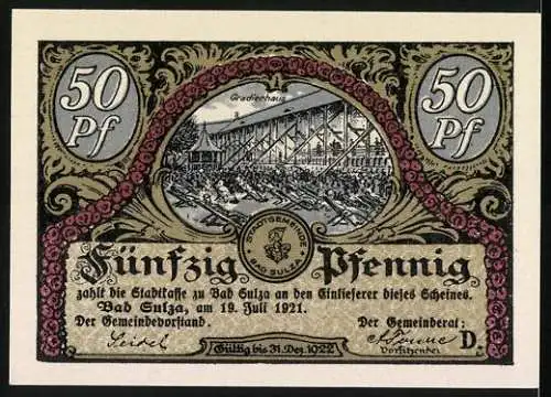 Notgeld Bad Sulza, 1921, 50 Pfennig, Kurpark Szene und Gradierhaus Illustration