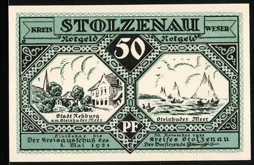 Notgeld Stolzenau 1921, 50 Pfennig, Stadt Rehburg am Steinhuder Meer und Steinhuder Meer, Gedicht von W. Busch