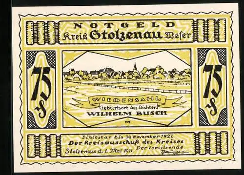 Notgeld Stolzenau / Weser, 1921, 75 Pfennig, Widensahl Geburtsort des Dichters Wilhelm Busch, Illustration auf Rückseite