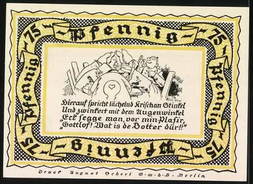 Notgeld Stolzenau / Weser, 1921, 75 Pfennig, Widensahl Geburtsort des Dichters Wilhelm Busch, Illustration auf Rückseite