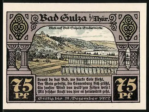 Notgeld Bad Sulza 1922, 75 Pf, Blick auf Gradierwerke und Stadtfest mit Einwohnern, Gültig bis 31. Dezember 1922