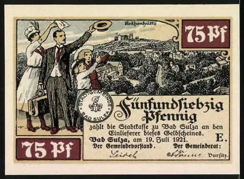 Notgeld Bad Sulza 1922, 75 Pf, Blick auf Gradierwerke und Stadtfest mit Einwohnern, Gültig bis 31. Dezember 1922